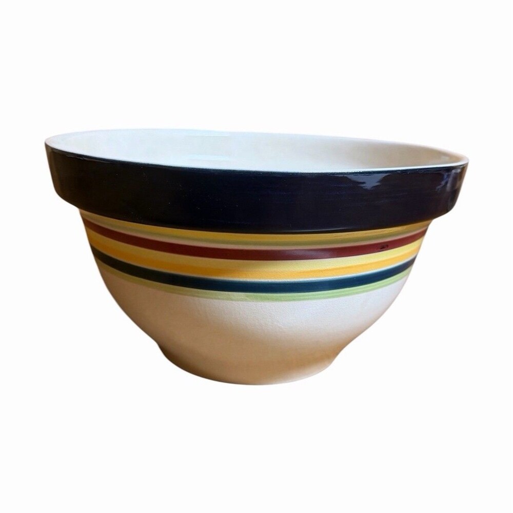Vtg Large Stoneware Mixing Bowl Cream With Colored Stripes
